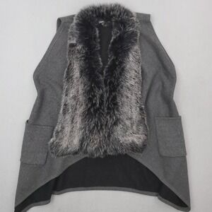 Sioni Studio Vest Womens S/M Gray Faux Fur Trim Open Front Pockets Sleeveless